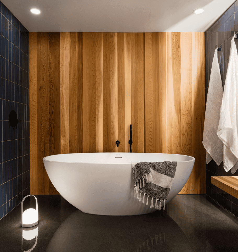 salle de bain bain autoportant bois bleu